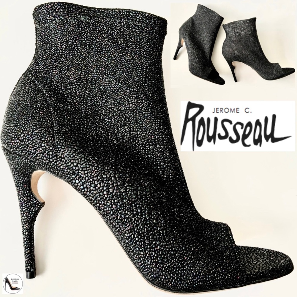 Jerome C. Rousseau Black Leather Open Toe Booties Pumps Stiletto Heel Shoes 38.5